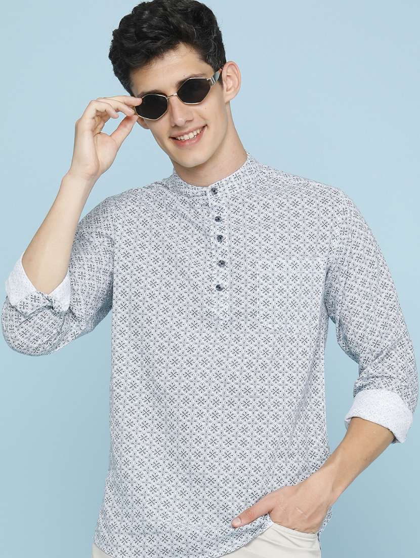 men printed long sleeves short kurta