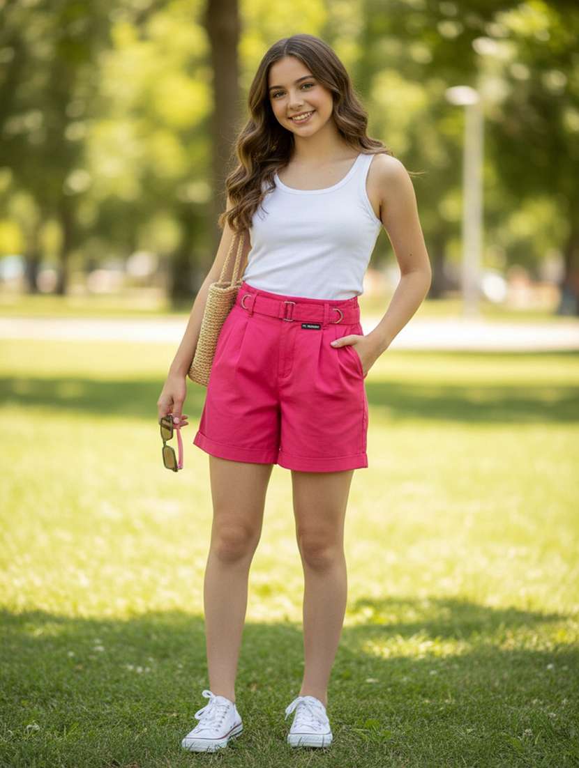 girls solid mid rise regular shorts