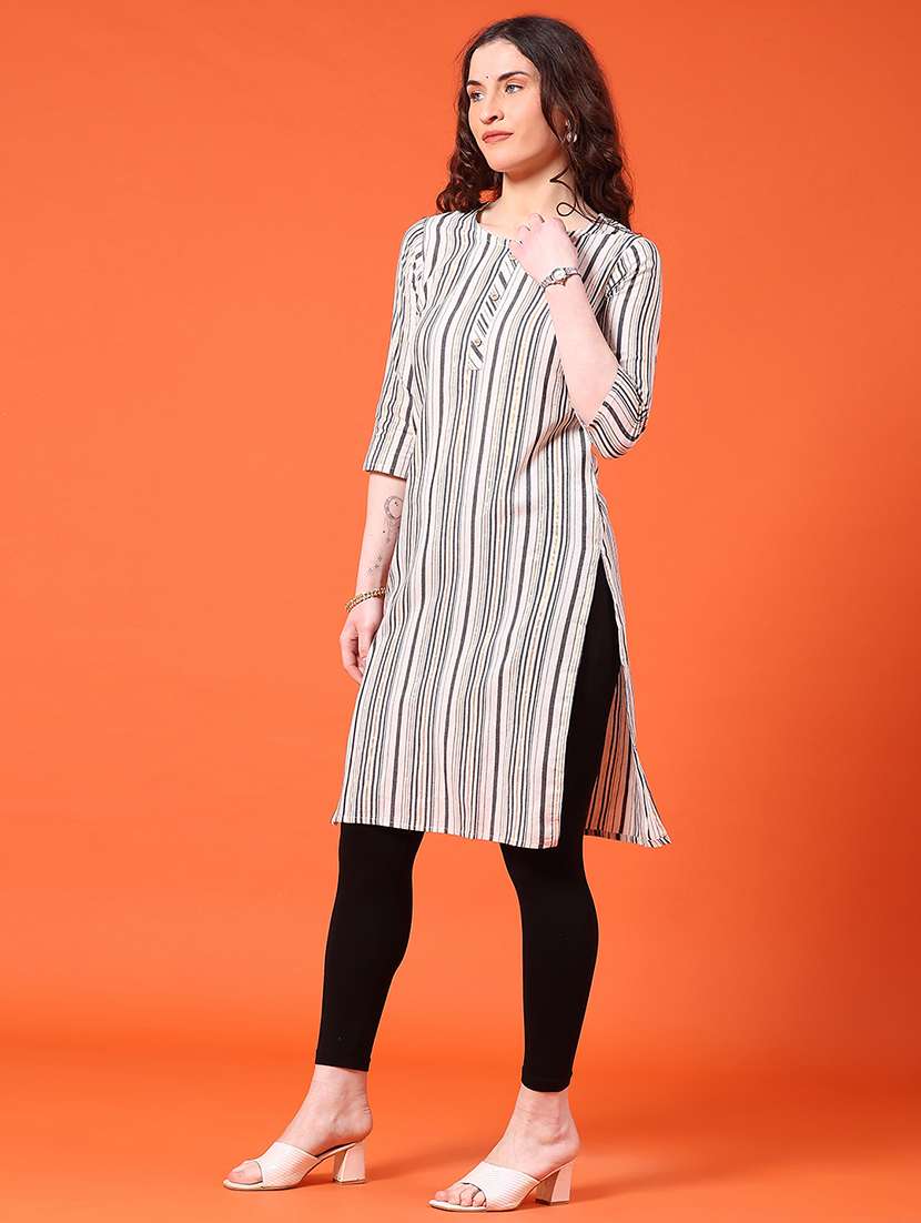 women striped three quarter sleeve straight kurta - 22345213 -  Standard Image - 3