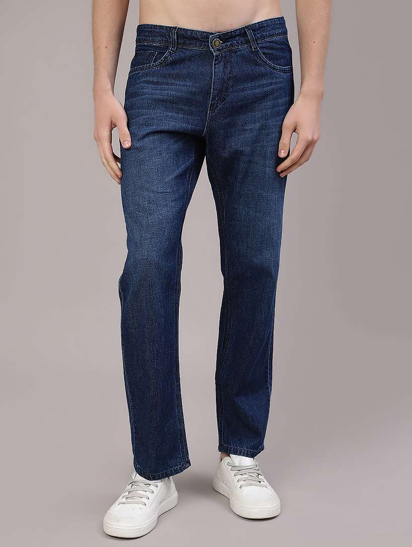 men washed mid rise full length straight jeans