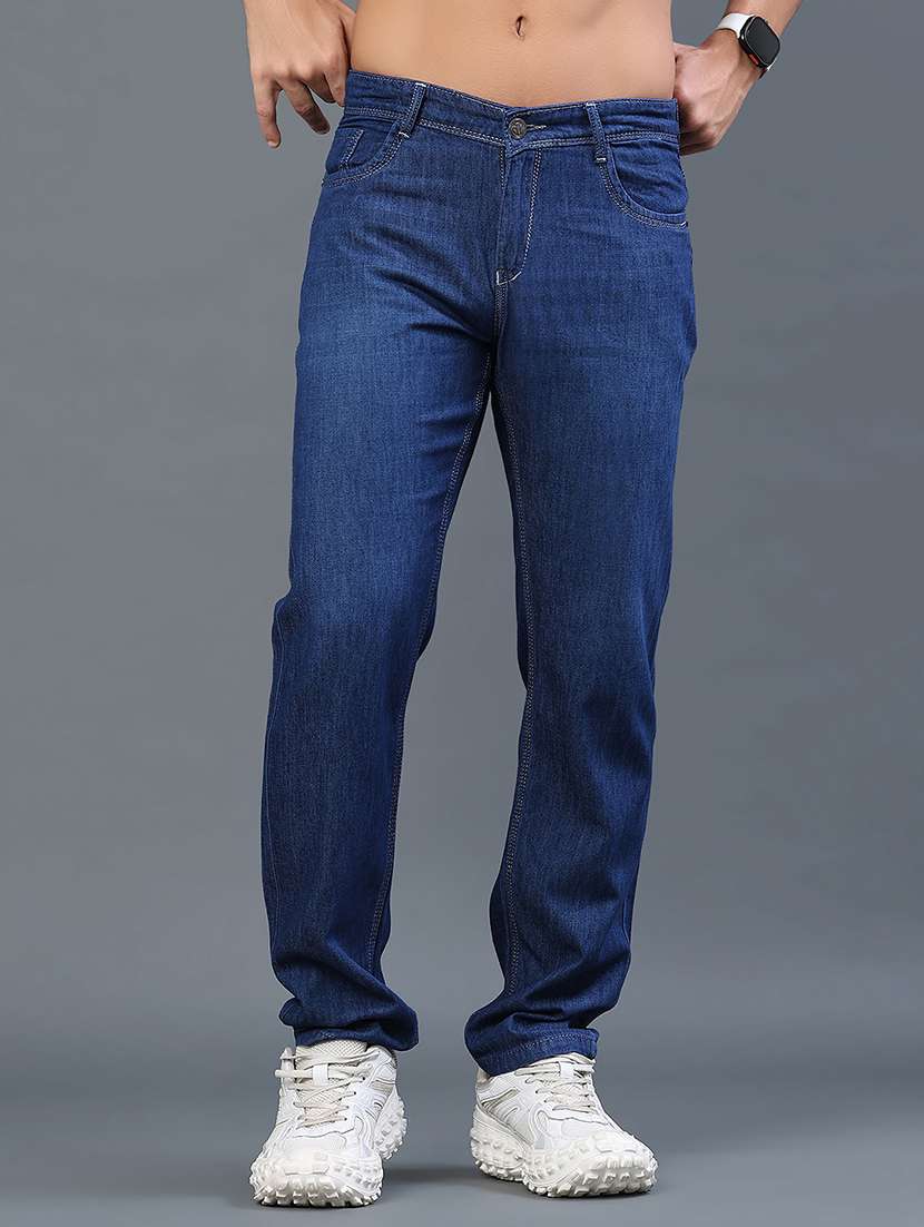 men washed mid rise full length tapered jeans