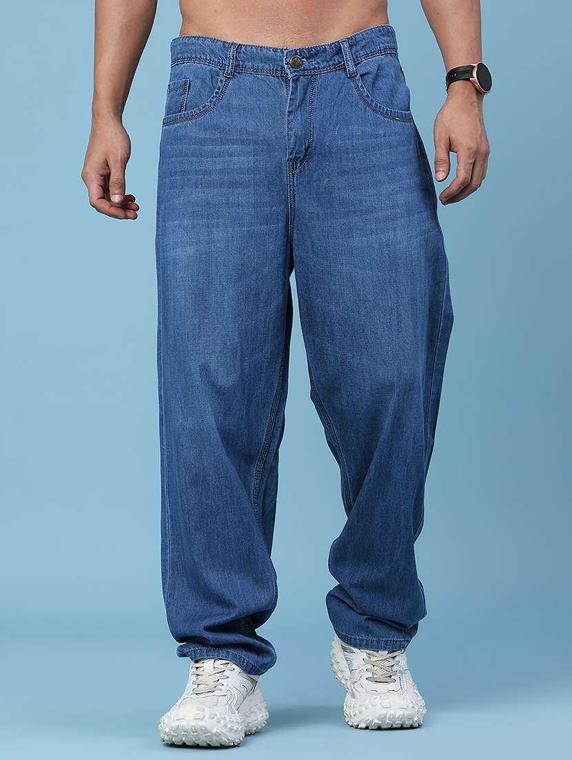 men washed mid rise full length baggy jeans