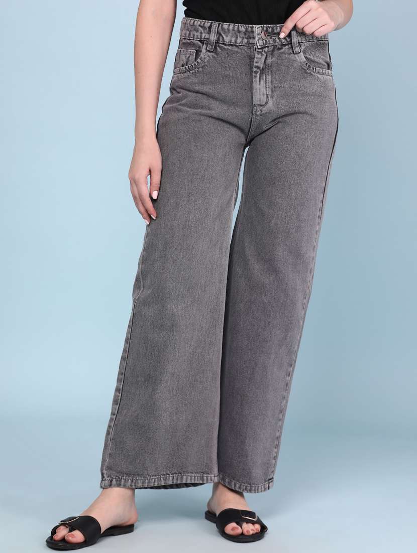 women washed mid rise wide leg jeans