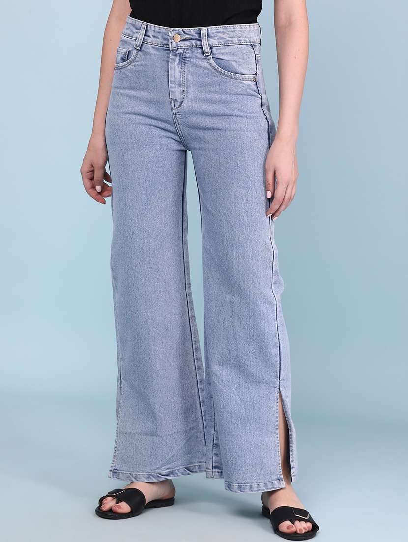 women solid mid rise wide leg jeans