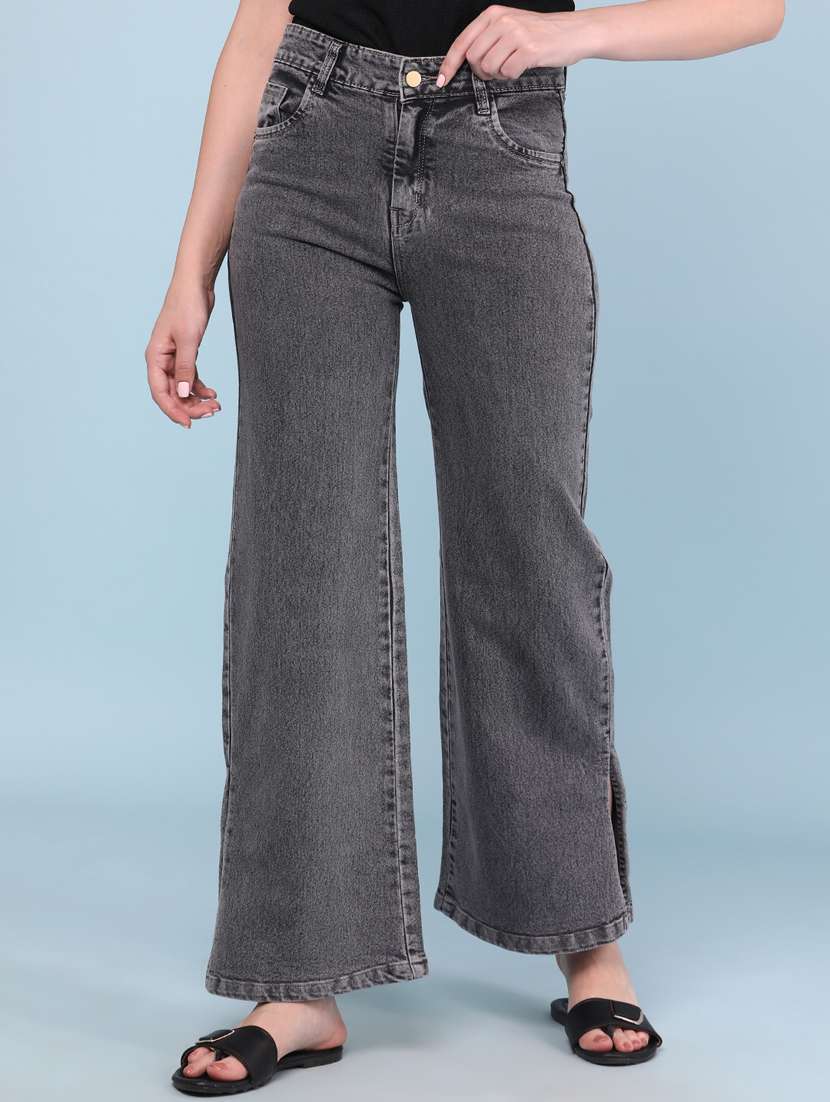 women washed mid rise wide leg jeans