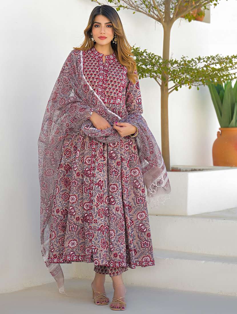 women printed long sleeve kurta pant with dupatta set