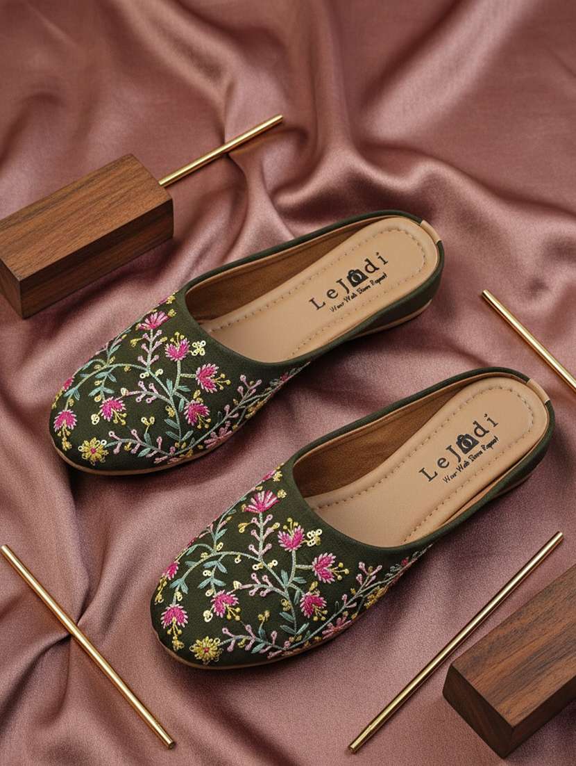 women embroidered slip on flat mules