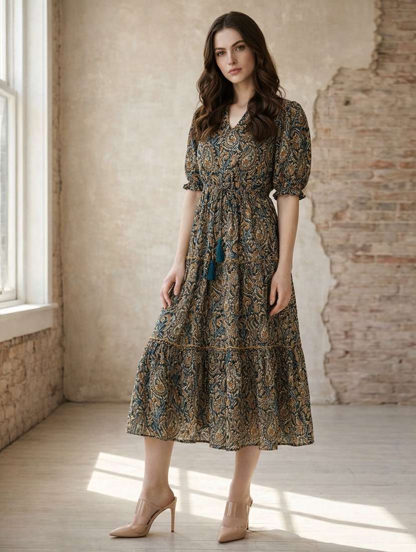 women print puff sleeve tiered dress