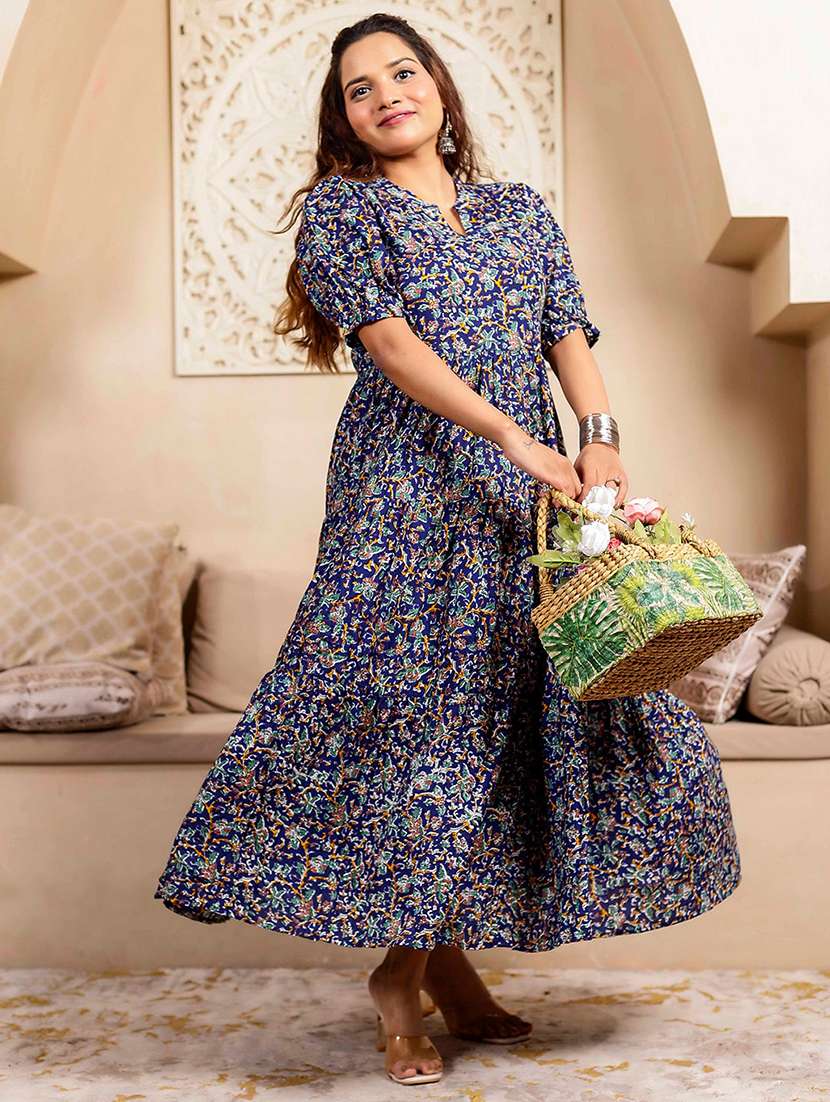 women printed puff sleeve tiered dress