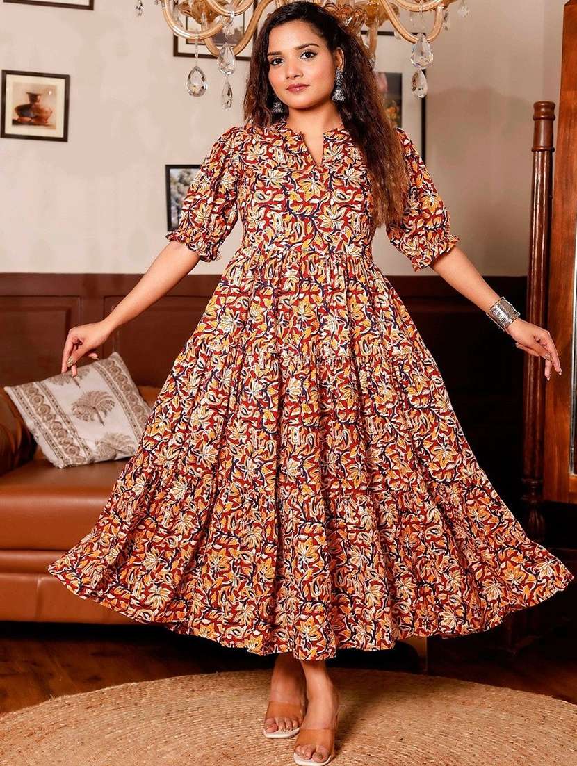 women printed puff sleeve tiered dress