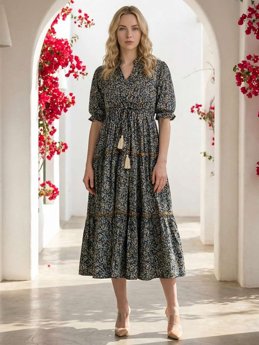 women printed puff sleeve tiered dress