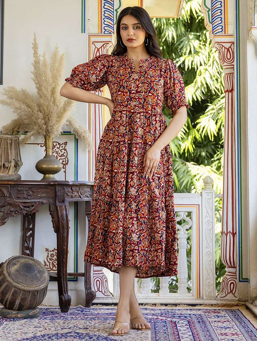women printed puff sleeve tiered ethnic dress