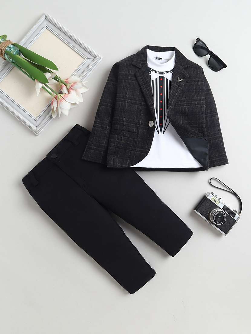 boys checkered blazer and trouser with t-shirt set