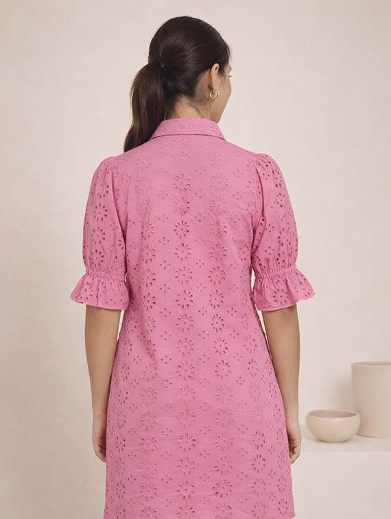 women solid puff sleeve schiffli shirt dress - 22345917 -  Standard Image - 3