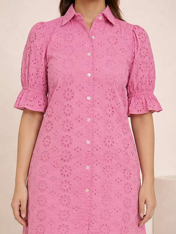 women solid puff sleeve schiffli shirt dress - 22345917 -  Standard Image - 5
