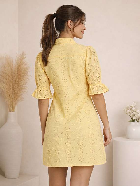women solid puff sleeve schiffli shirt dress - 22345919 -  Standard Image - 3