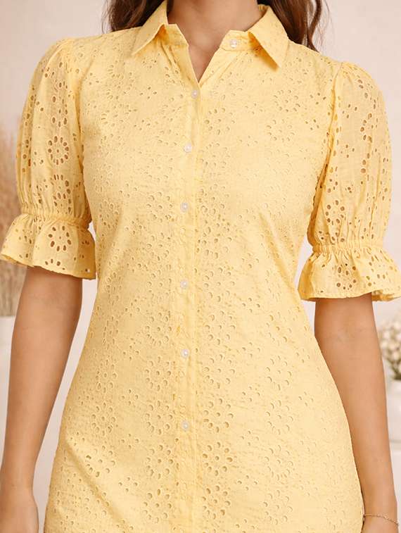 women solid puff sleeve schiffli shirt dress - 22345919 -  Standard Image - 5