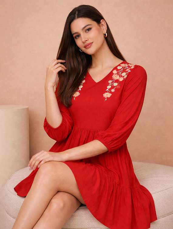 women embroidered puff sleeve tiered dress