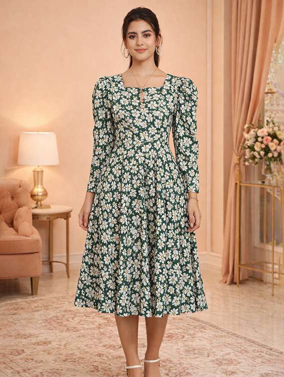 women floral print puff sleeve fit & flare dress