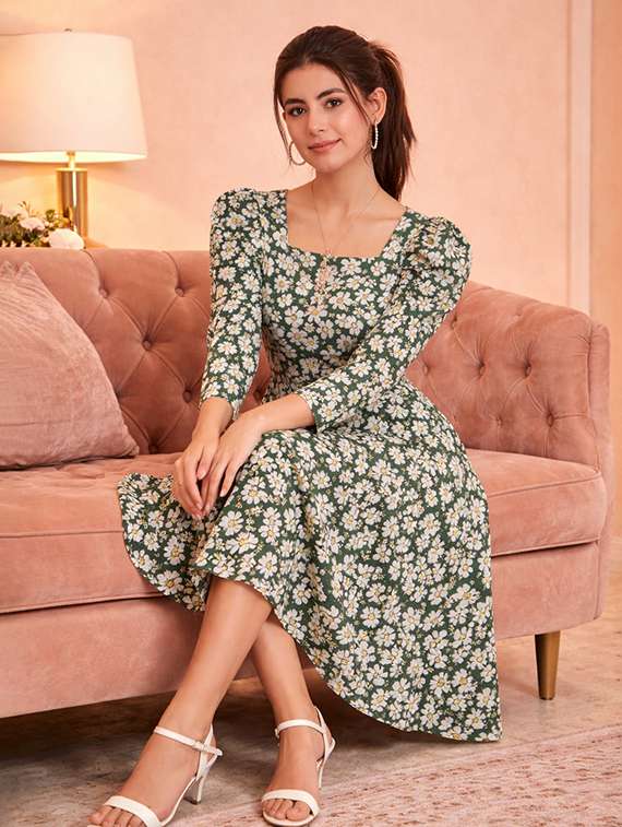 women floral print puff sleeve fit & flare dress - 22345927 -  Standard Image - 3