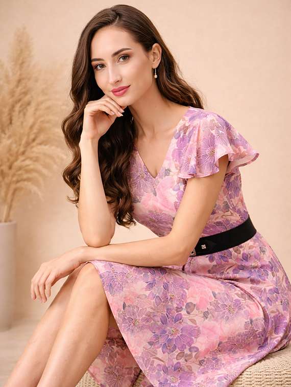 women floral print flared sleeve a-line dress