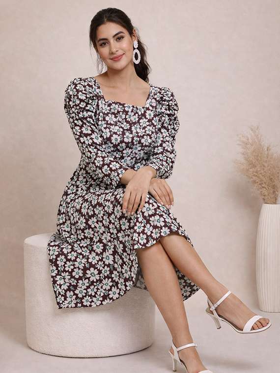 women floral print puff sleeve fit & flare dress - 22345933 -  Standard Image - 3