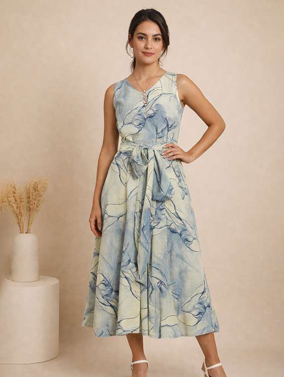 women printed sleeveless fit & flared dress