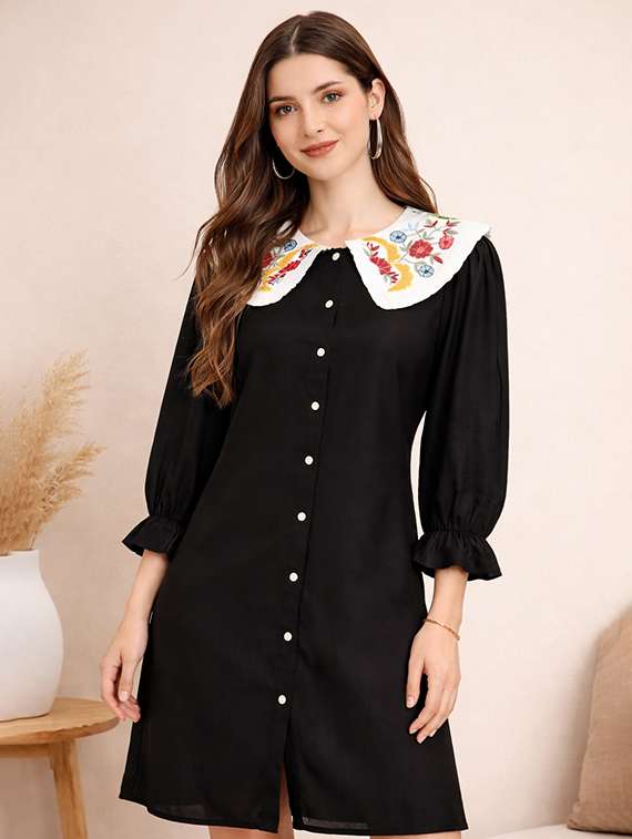 women embroidered three quarter sleeve a-line dress
