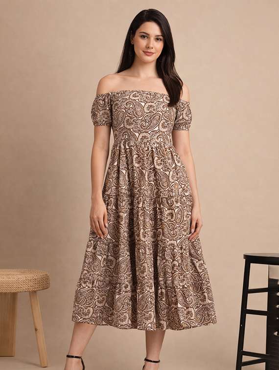 women printed off shoulder tiered dress