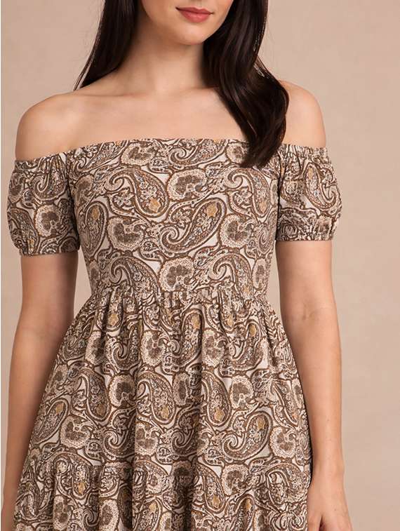 women printed off shoulder tiered dress - 22345940 -  Standard Image - 5