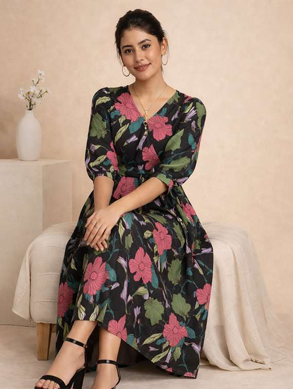 women floral print puff sleeve fit & flared dress - 22345941 -  Standard Image - 3