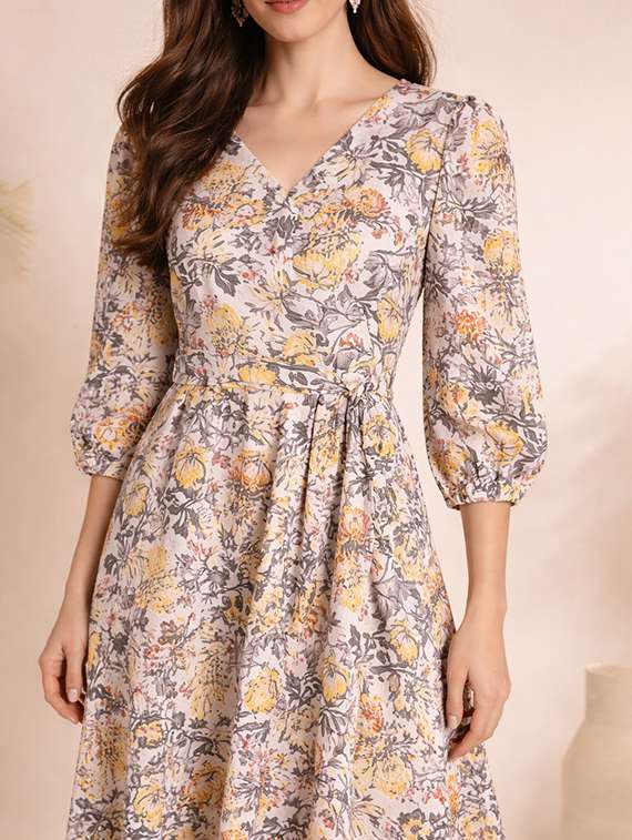 women printed puff sleeve fit & flared dress - 22345942 -  Standard Image - 3