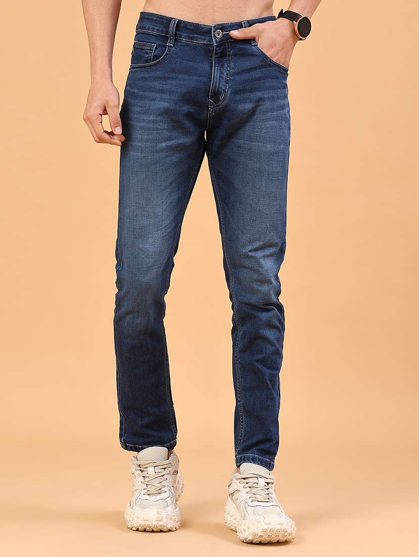 men washed mid rise full length slim fit jeans