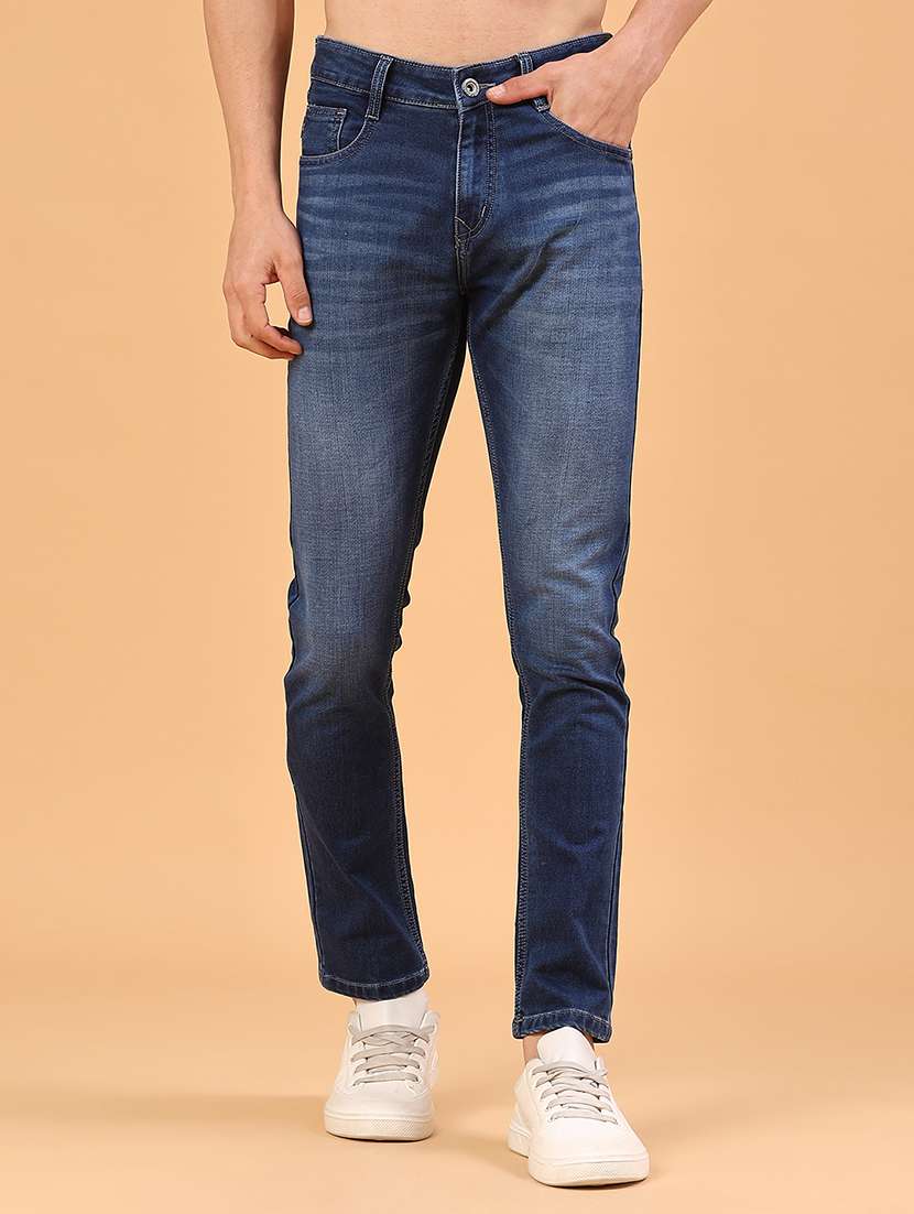 men washed mid rise full length slim fit jeans