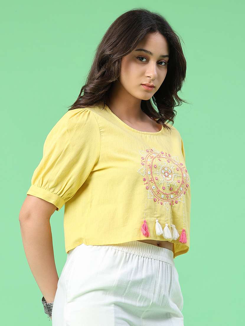 women embroidered puff sleeves crop top - 22346423 -  Standard Image - 3