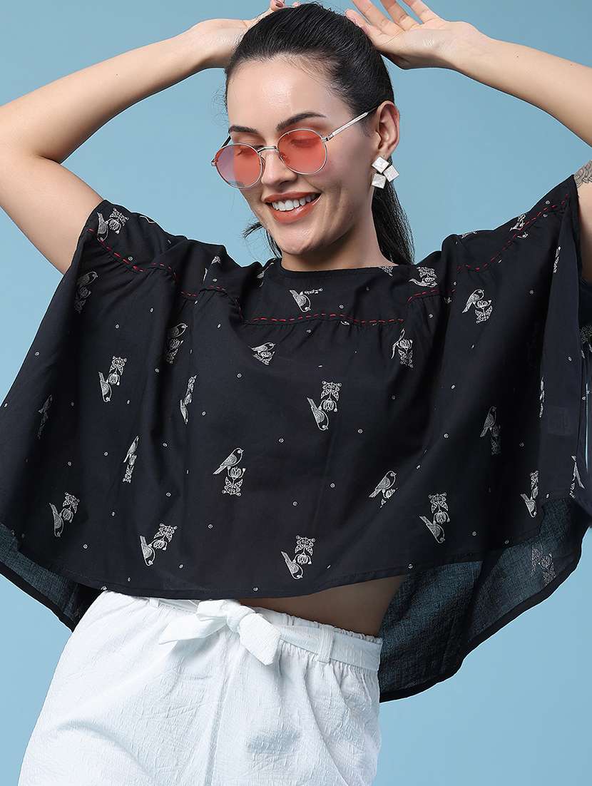 women printed round neck flared top