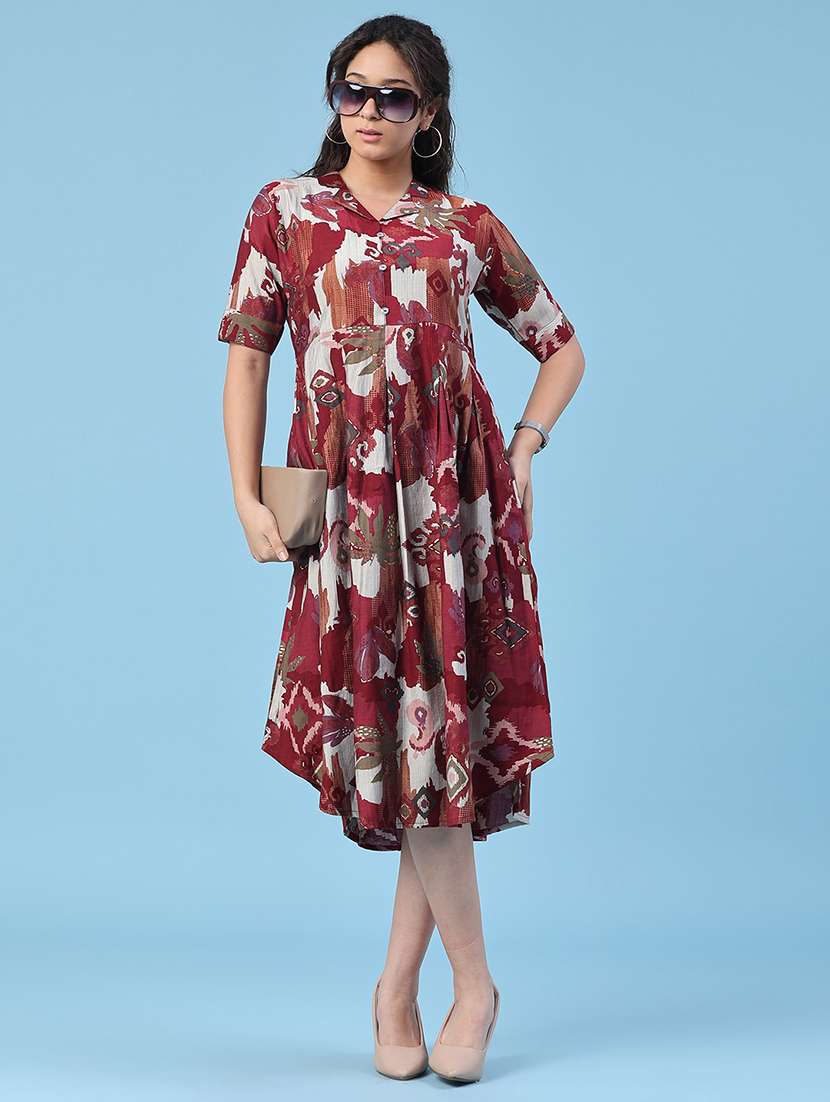 women printed short sleeves a-line dress