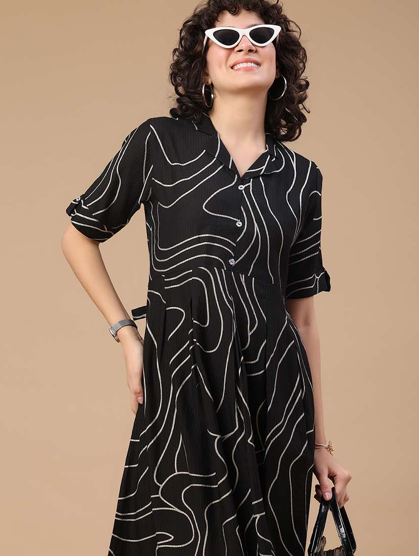 women printed short sleeves a-line dress