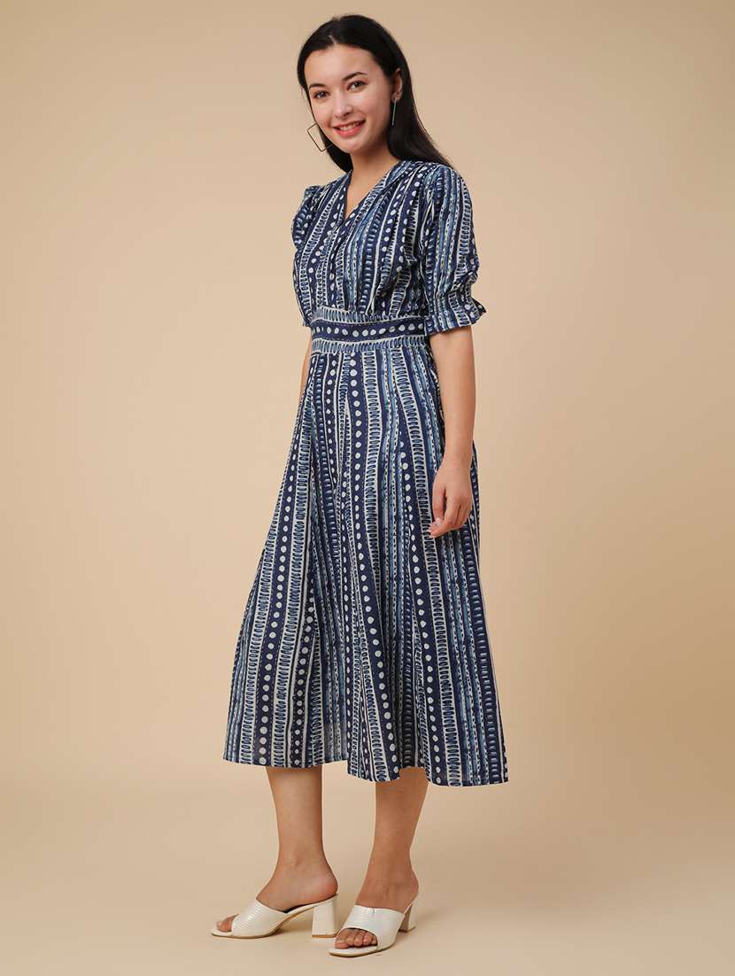 blue cotton fit & flare dress - 22346455 -  Standard Image - 3
