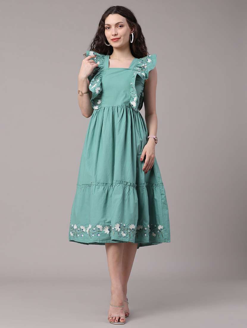 women embroidered square neck tiered dress