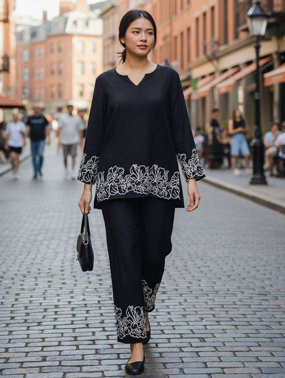 women solid with work long sleeve ethnic co-ord set