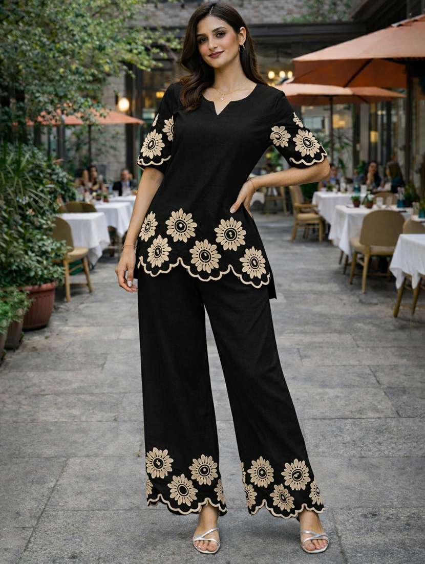 women solid with work short sleeve ethnic co-ord set