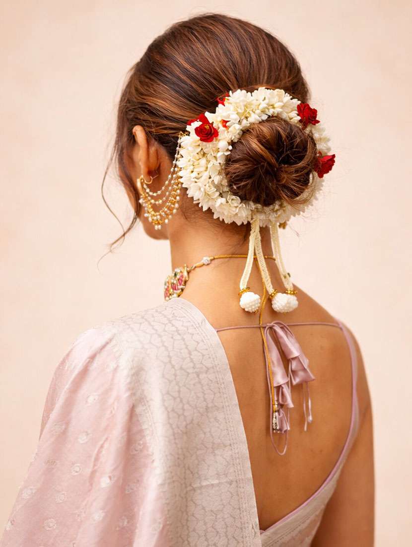 artificial jasmine gajra scrunchie with red roses