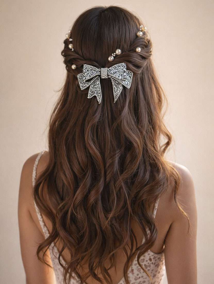 premium silver rhinestone bow hair clip for women