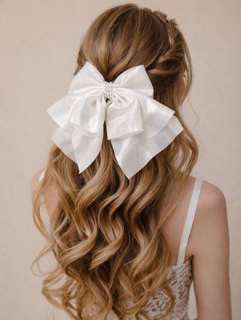 premium white organza bow hair clip with pearl center