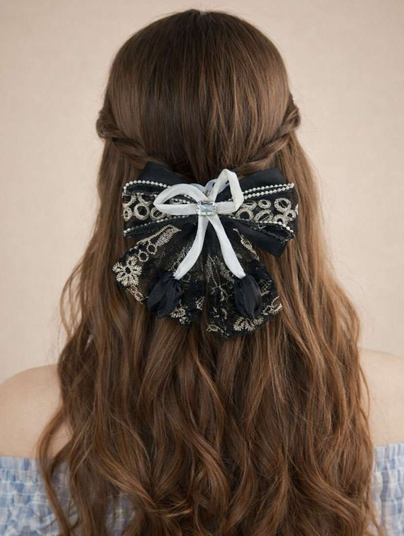 elegant black & white lace bow hair clip with pearl detailing