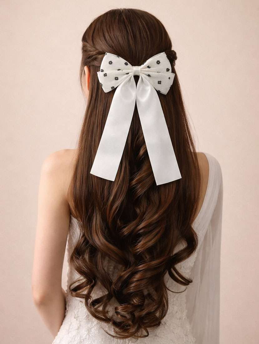 elegant ivory floral bow hair clip with long satin ribbon tails