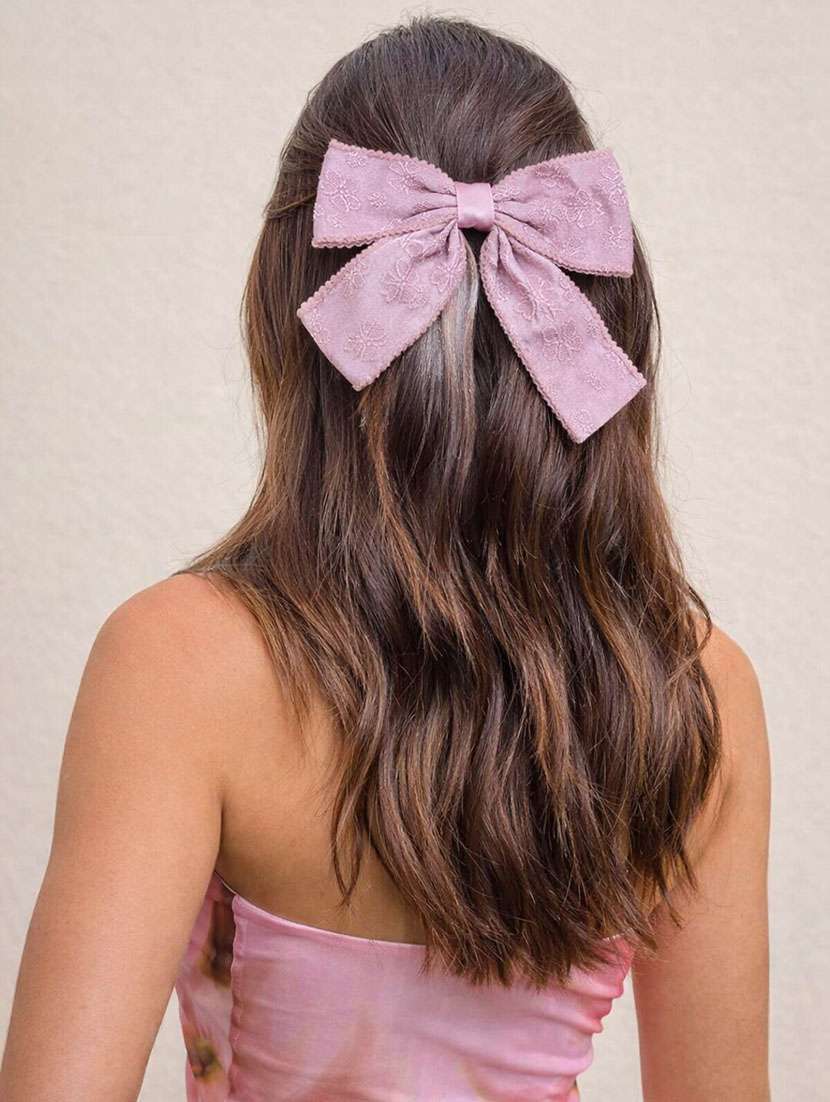 premium pink embroidered bow hair clip for women