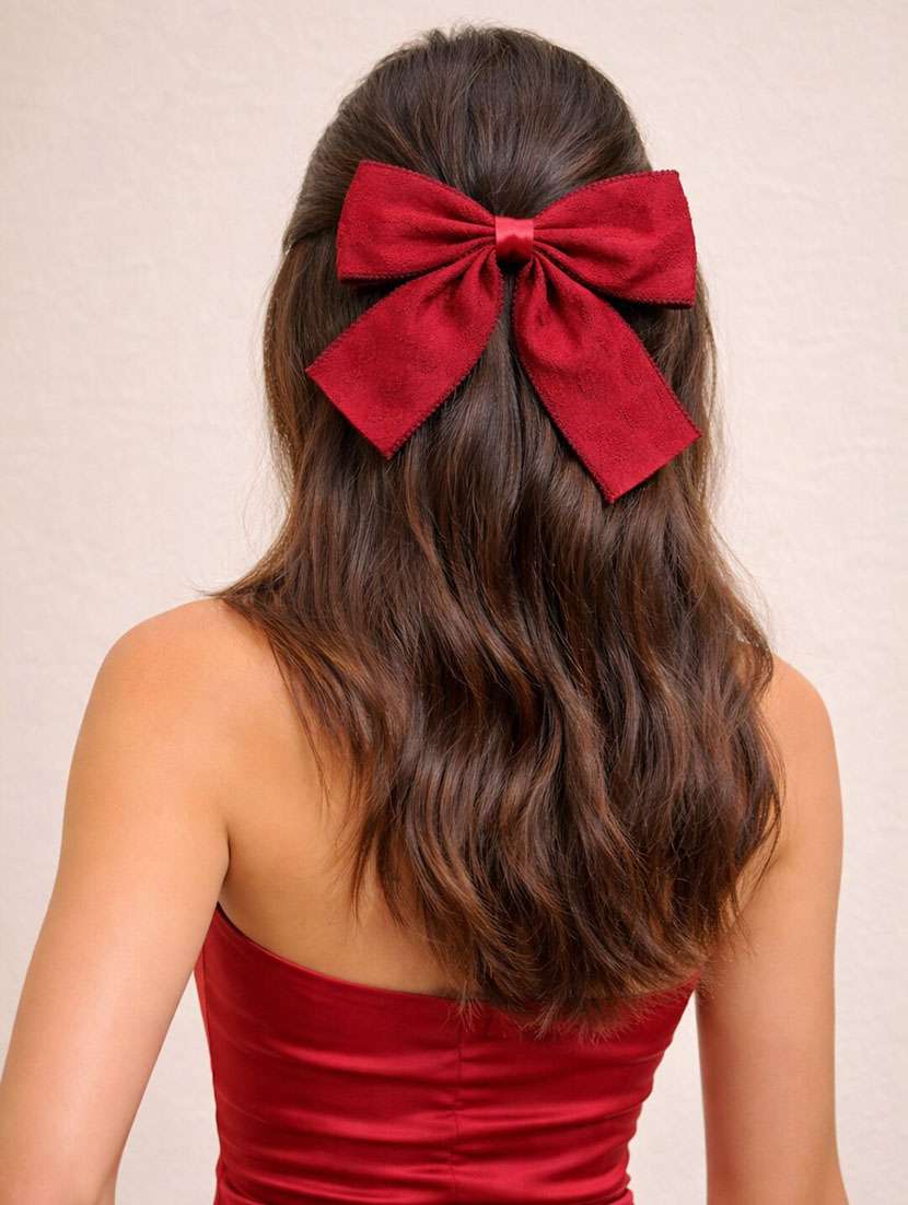 premium red embroidered bow hair clip for women