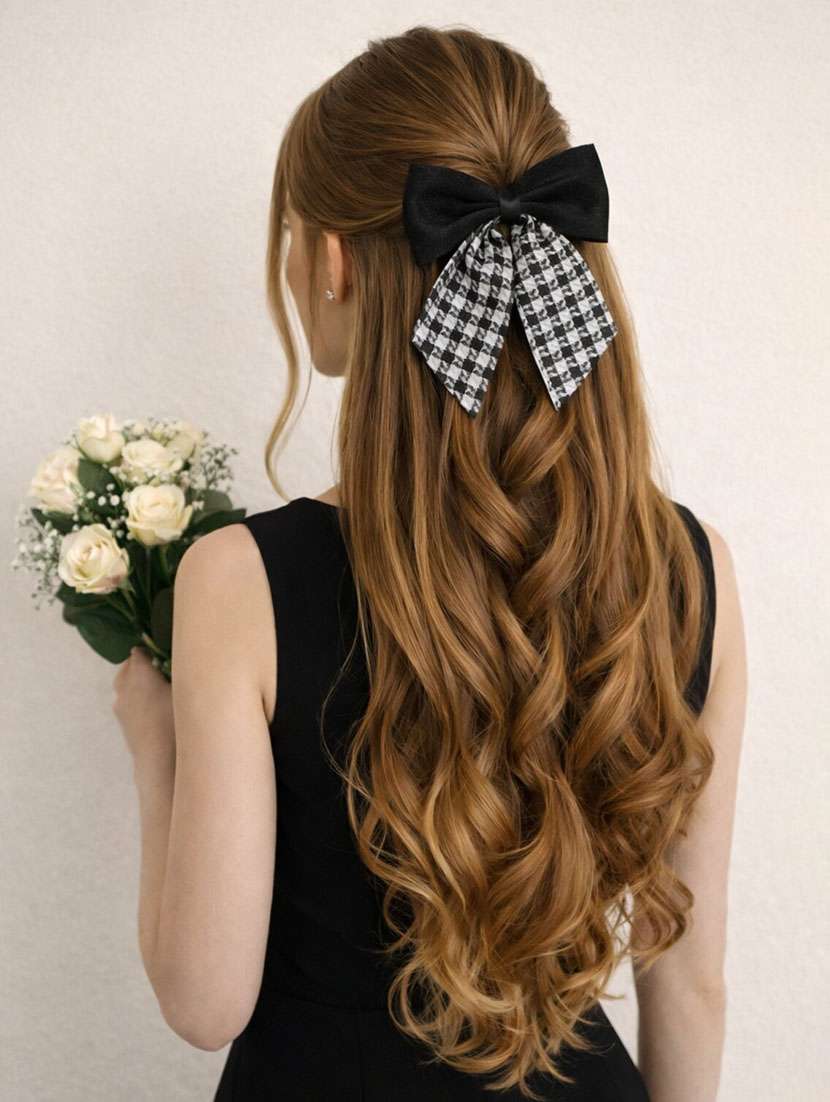 baby black satin bow hair clip with printed tail